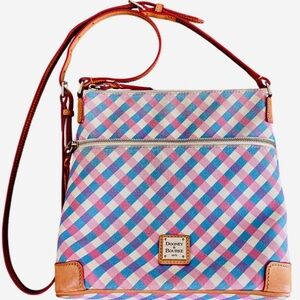 Dooney & Bourke Pink/Blue Gingham Crossbody Bag Vachetta Leather Strap and Trim